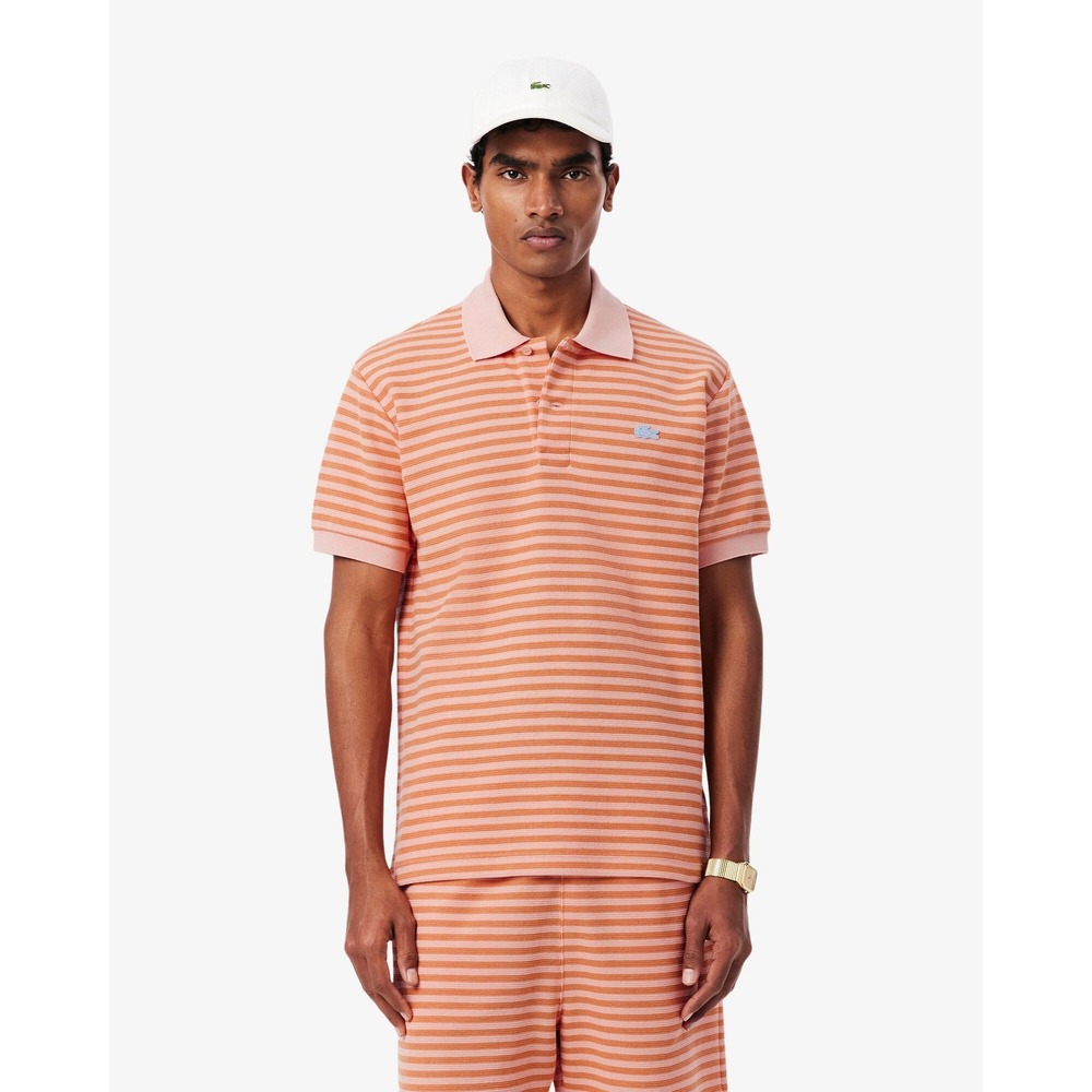 Lacoste Classic Fit Textured Striped Polo Shirt Pink Orange Medium New With Tags